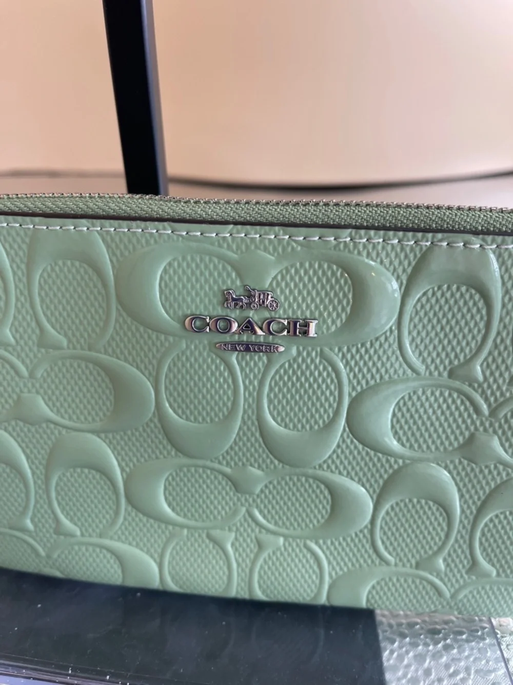 Coach Seafoam Green Embossed C Wristlet New with limited Charm - Picture 2 of 8